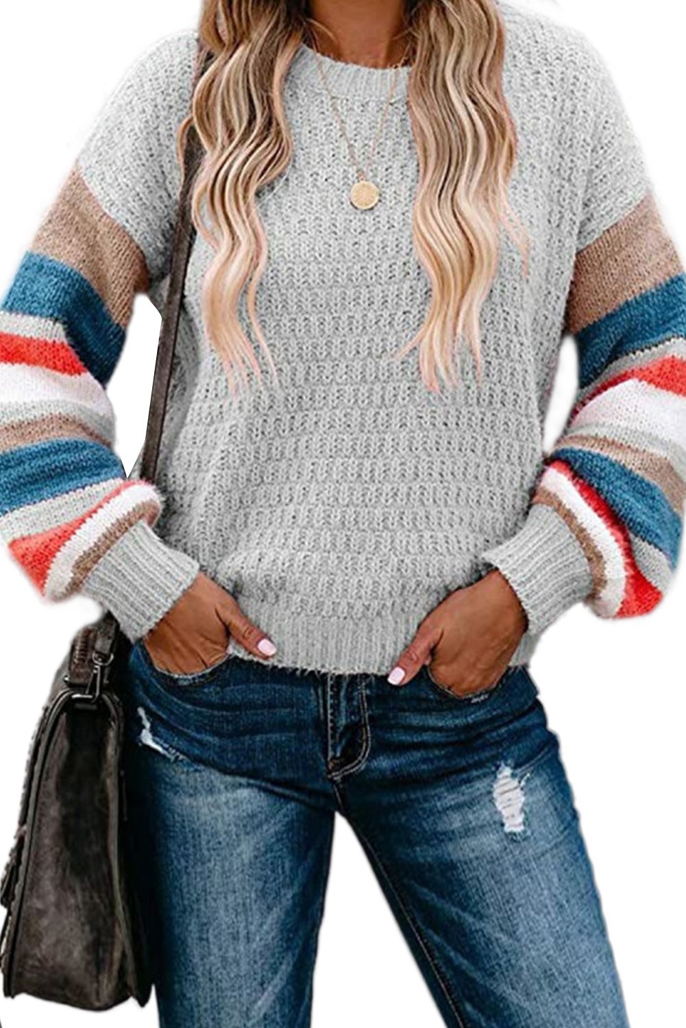A stylish Crew Neck Lantern Sleeve Striped Color Block Sweater featuring a vibrant striped design and elegant lantern sleeves, perfect for winter wear.