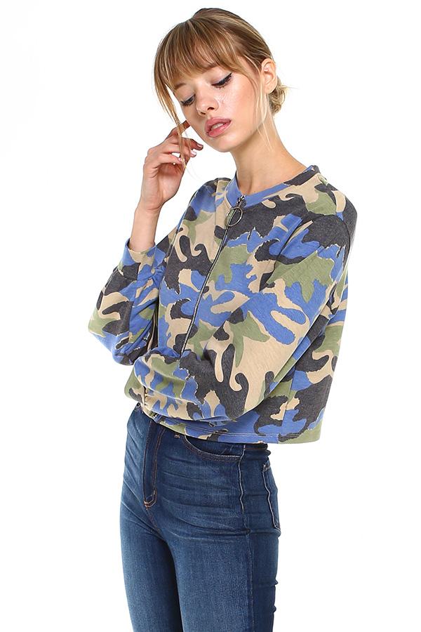 Camo Front Full Zip jacket showcasing stylish camouflage pattern and full zip closure.