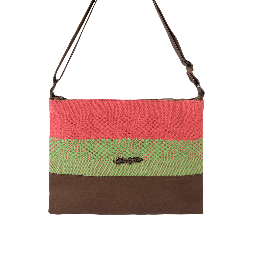 Brown leather cross-body bag featuring coral and green woven stripe, showcasing ethnic motifs and adjustable strap.