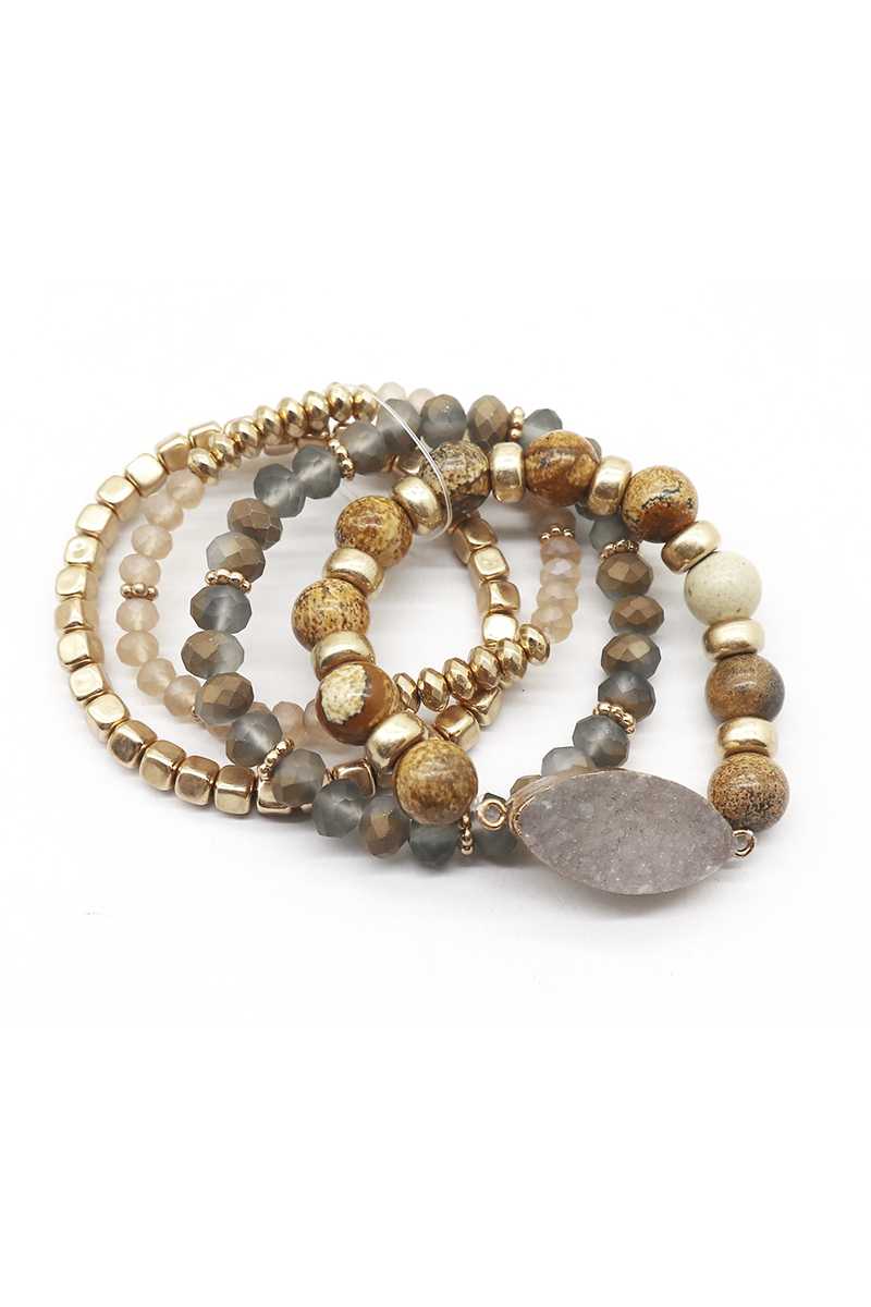 A stylish set of crystal metal druzy stone bead stretch bracelets in various colors, showcasing their unique textures and sparkle.
