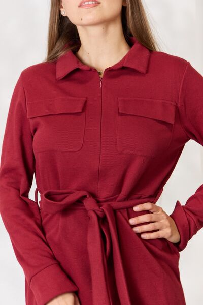 Culture Code Full Size Tie Front Half Zip Long Sleeve Shirt Dress in a stylish design with a tie front and half zip detail.