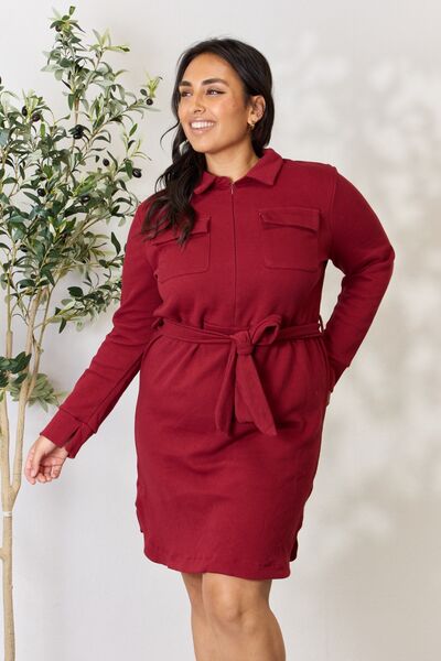 Culture Code Full Size Tie Front Half Zip Long Sleeve Shirt Dress in a stylish design with a tie front and half zip detail.