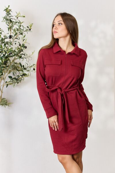 Culture Code Full Size Tie Front Half Zip Long Sleeve Shirt Dress in a stylish design with a tie front and half zip detail.