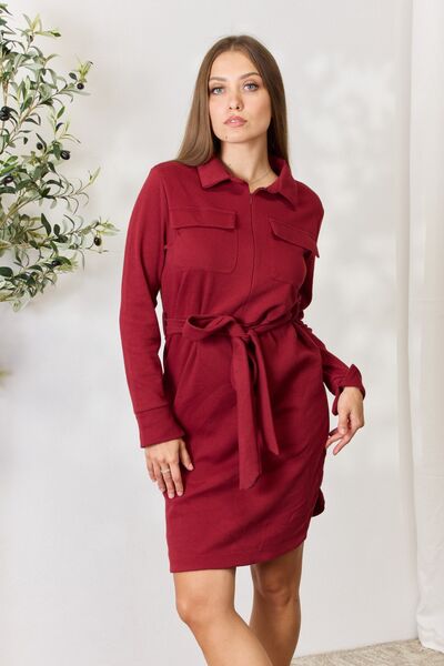 Culture Code Full Size Tie Front Half Zip Long Sleeve Shirt Dress in a stylish design with a tie front and half zip detail.