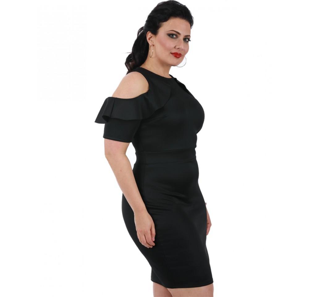 Curvy Plus Size Short Fashion Dress featuring cold shoulder design and ruffled elbow sleeves, knee-length cut, and stylish scoop neckline.