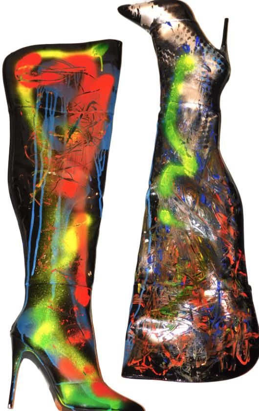 A pair of custom heels and boots showcasing various styles and colors, designed for personalized fashion.