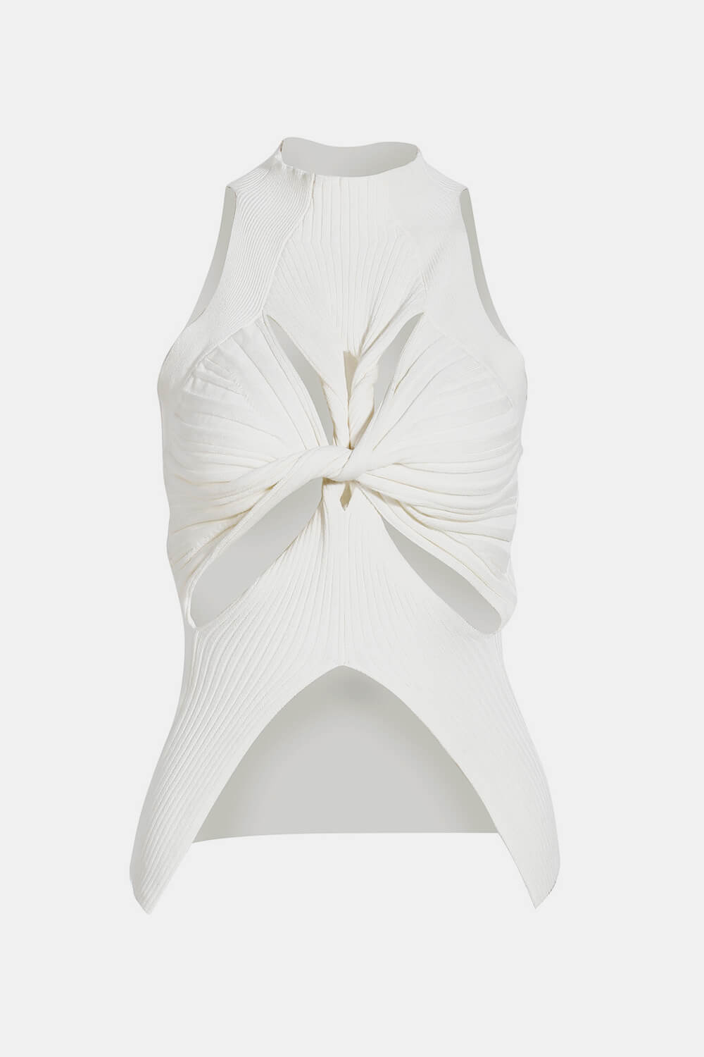 Cutout Twisted Front Sleeveless Sweater featuring a chic turtleneck and unique twisted front design, made from soft polyester.