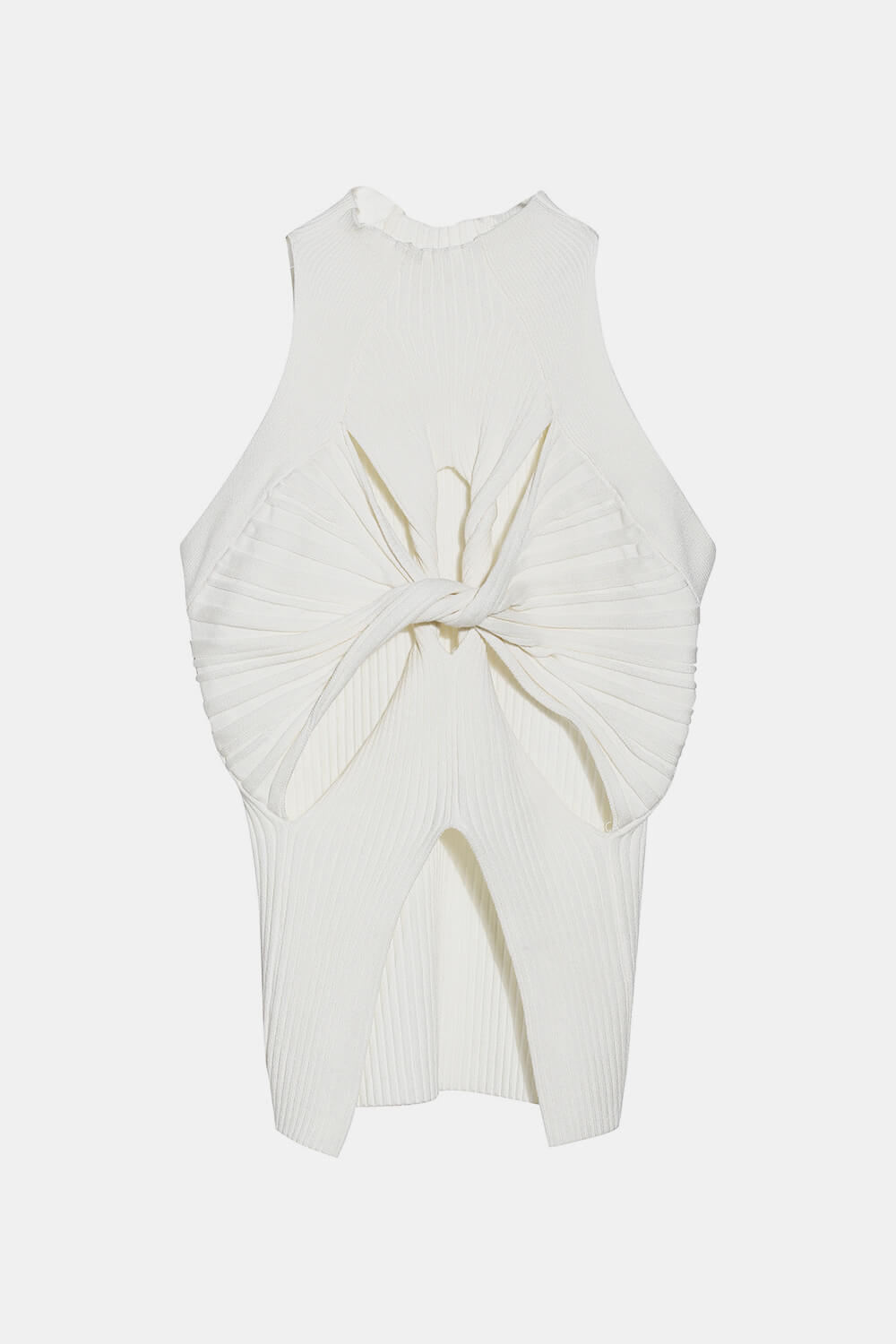 Cutout Twisted Front Sleeveless Sweater featuring a chic turtleneck and unique twisted front design, made from soft polyester.