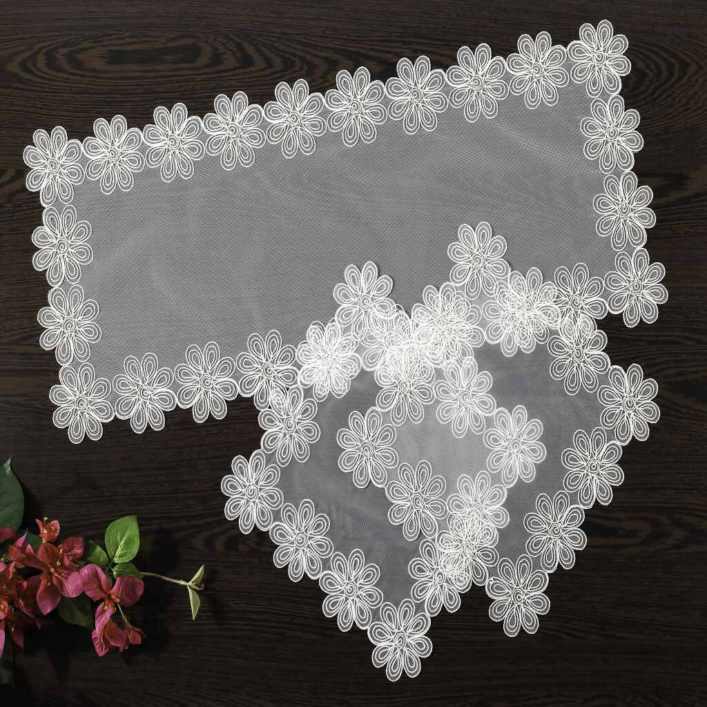 Daisy Runner and Napkin Set featuring delicate daisies on white tulle, perfect for elegant table settings.