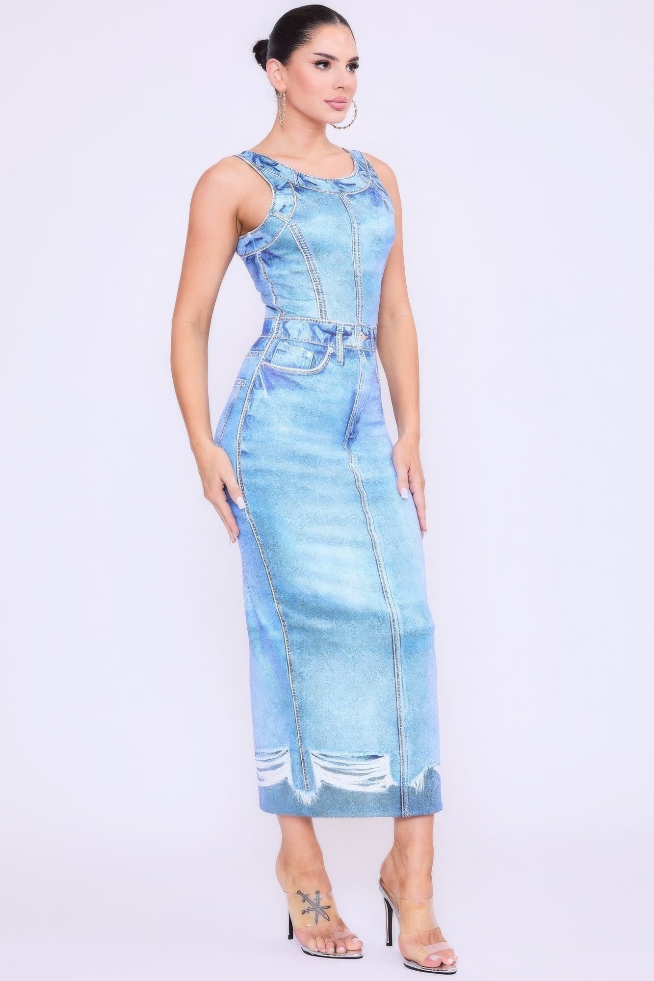A stylish Denim Print Midi Dress featuring a flattering silhouette, back slit detail, and comfortable stretch fabric, perfect for various occasions.