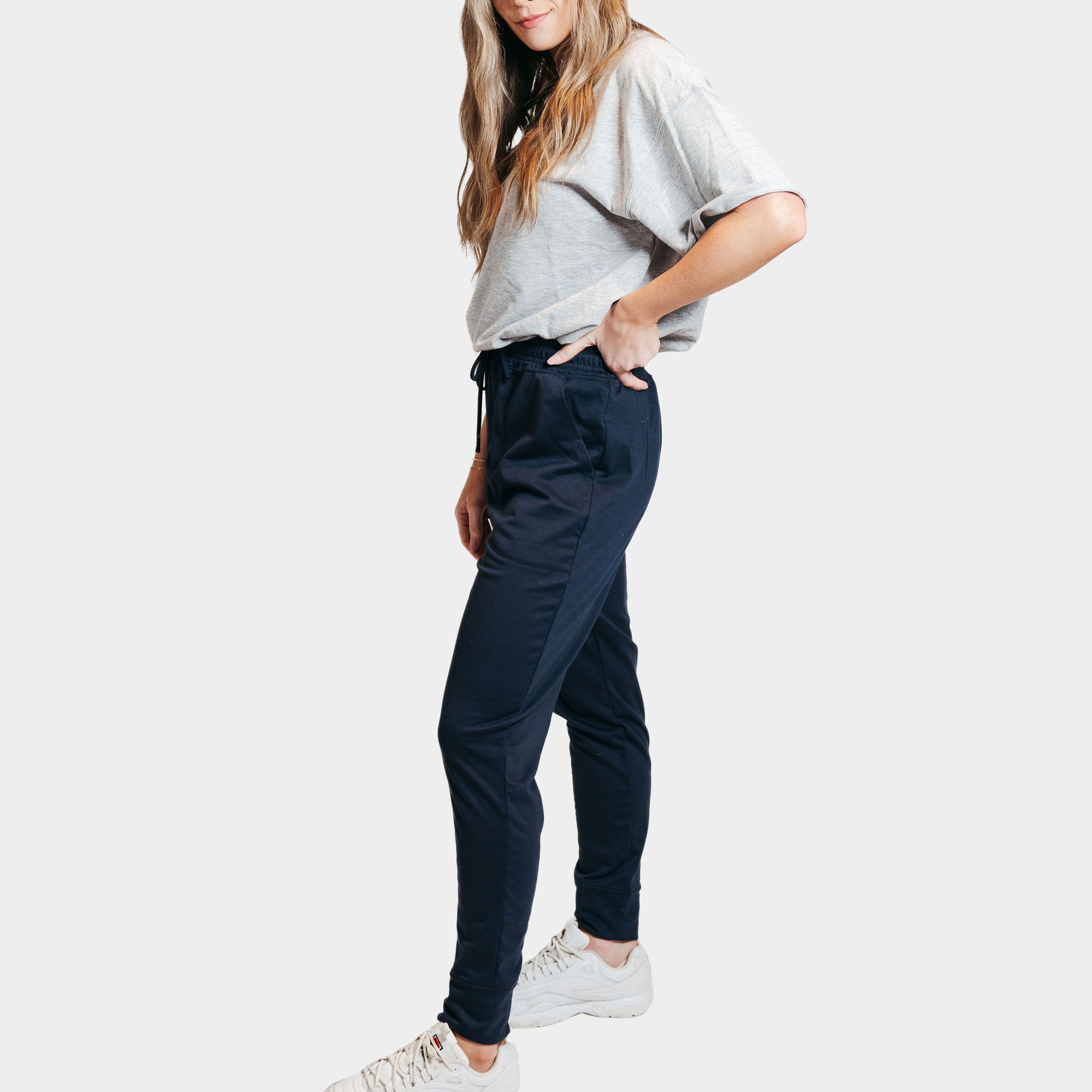 Navy Deep Pocket Joggers featuring a drawstring waistband and deep pockets, perfect for casual wear.