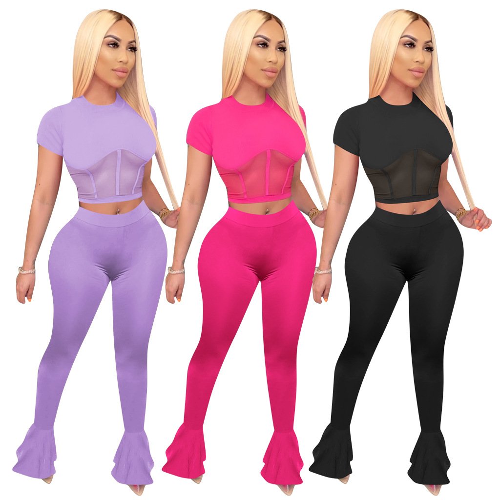 Designer Women 2 Piece Set featuring sexy sheer mesh patchwork and flare pants in black, purple, and watermelon red.