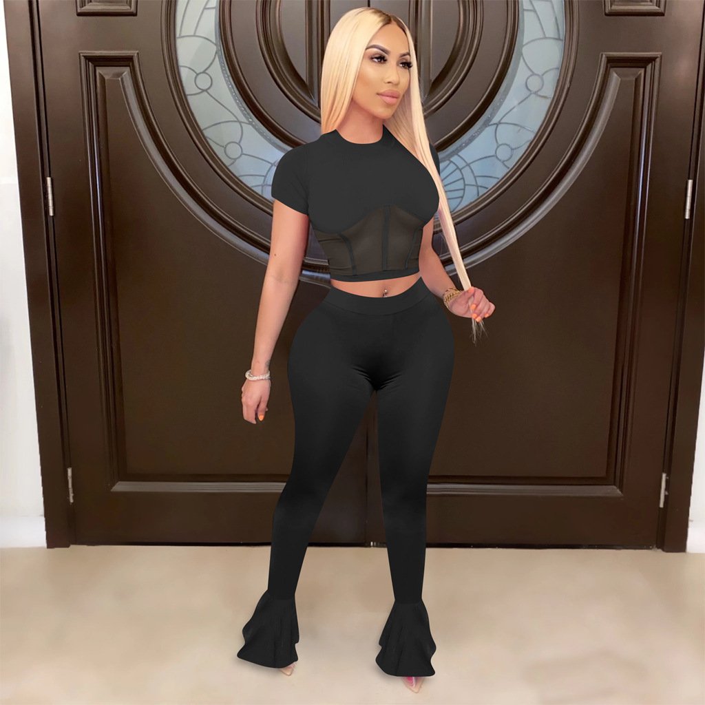 Designer Women 2 Piece Set featuring sexy sheer mesh patchwork and flare pants in black, purple, and watermelon red.