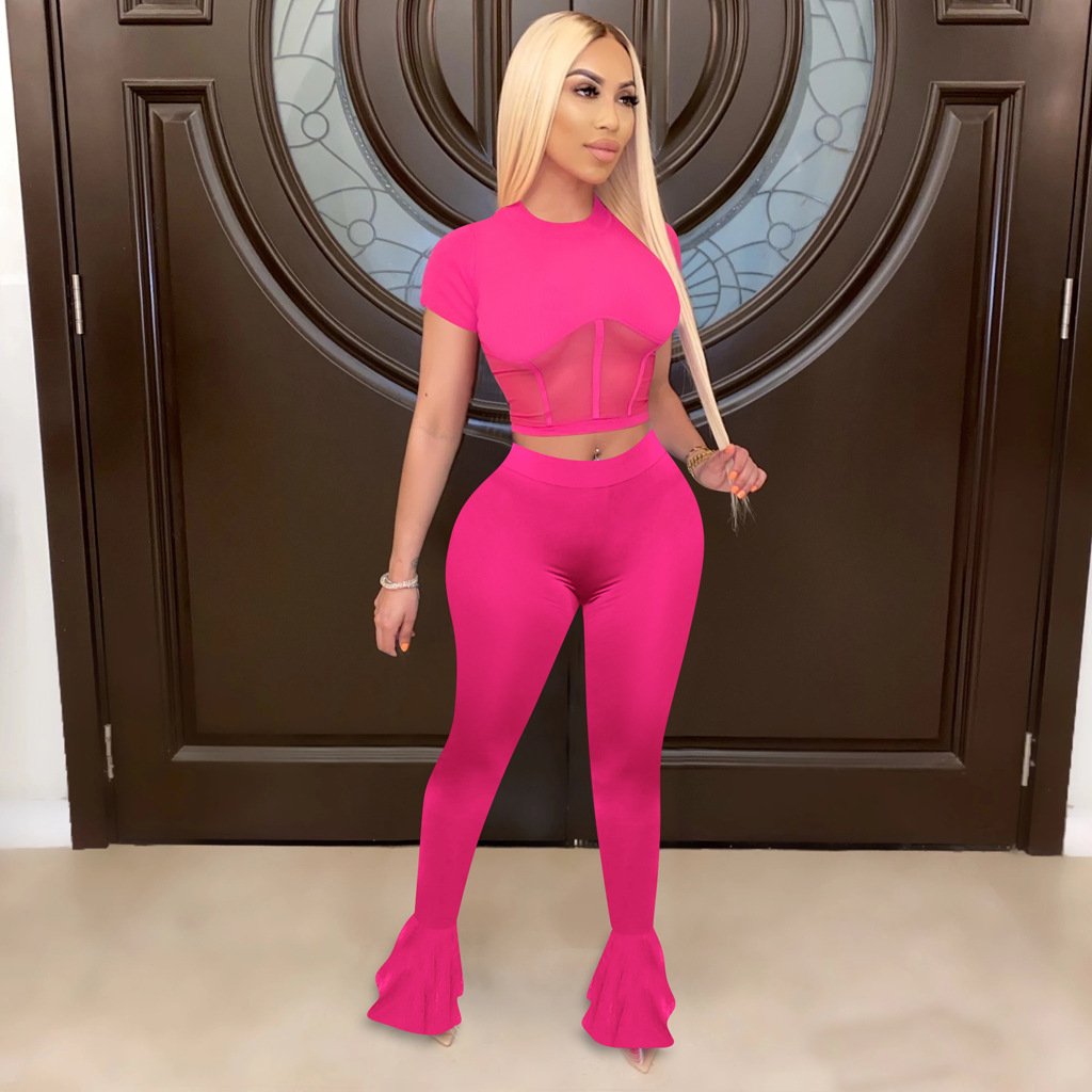 Designer Women 2 Piece Set featuring sexy sheer mesh patchwork and flare pants in black, purple, and watermelon red.