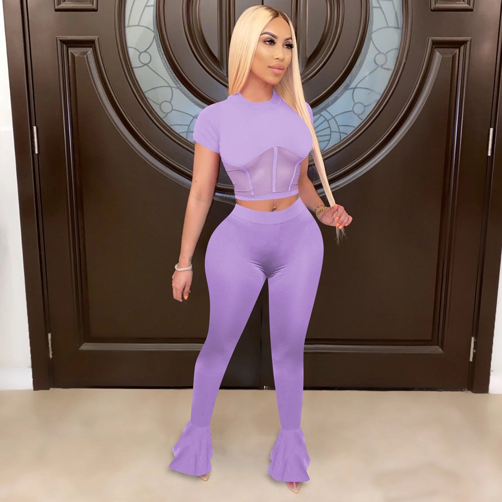 Designer Women 2 Piece Set featuring sexy sheer mesh patchwork and flare pants in black, purple, and watermelon red.