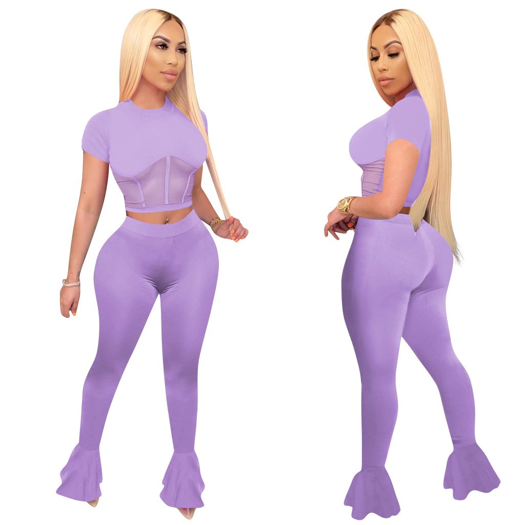 Designer Women 2 Piece Set featuring sexy sheer mesh patchwork and flare pants in black, purple, and watermelon red.