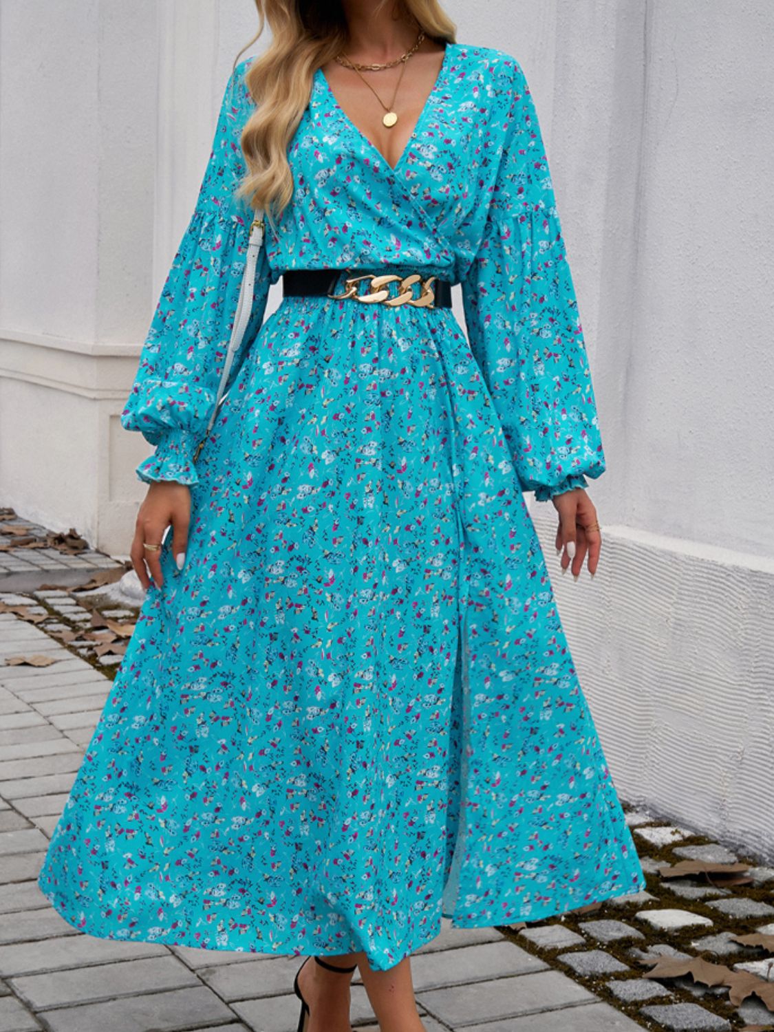 Devine Split Printed Surplice Long Sleeve Midi Dress featuring a chic design with a split detail and elegant surplice neckline.
