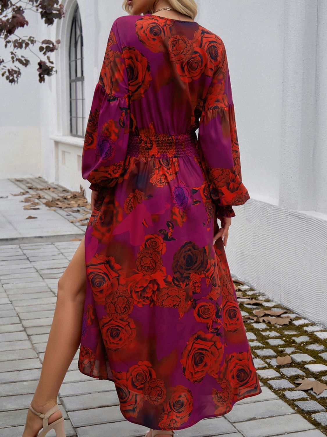 Devine Split Printed Surplice Long Sleeve Midi Dress featuring a chic design with a split detail and elegant surplice neckline.
