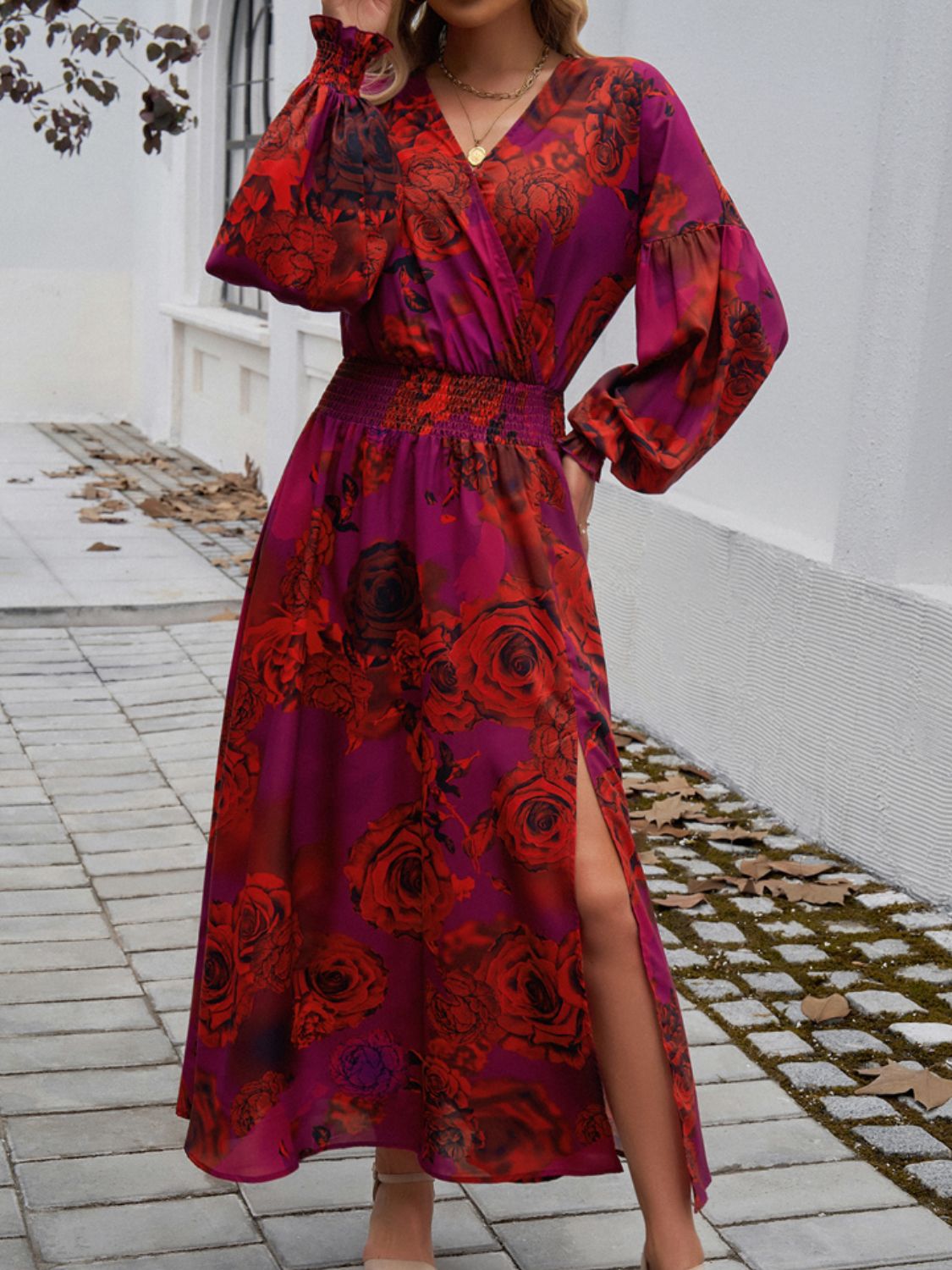 Devine Split Printed Surplice Long Sleeve Midi Dress featuring a chic design with a split detail and elegant surplice neckline.