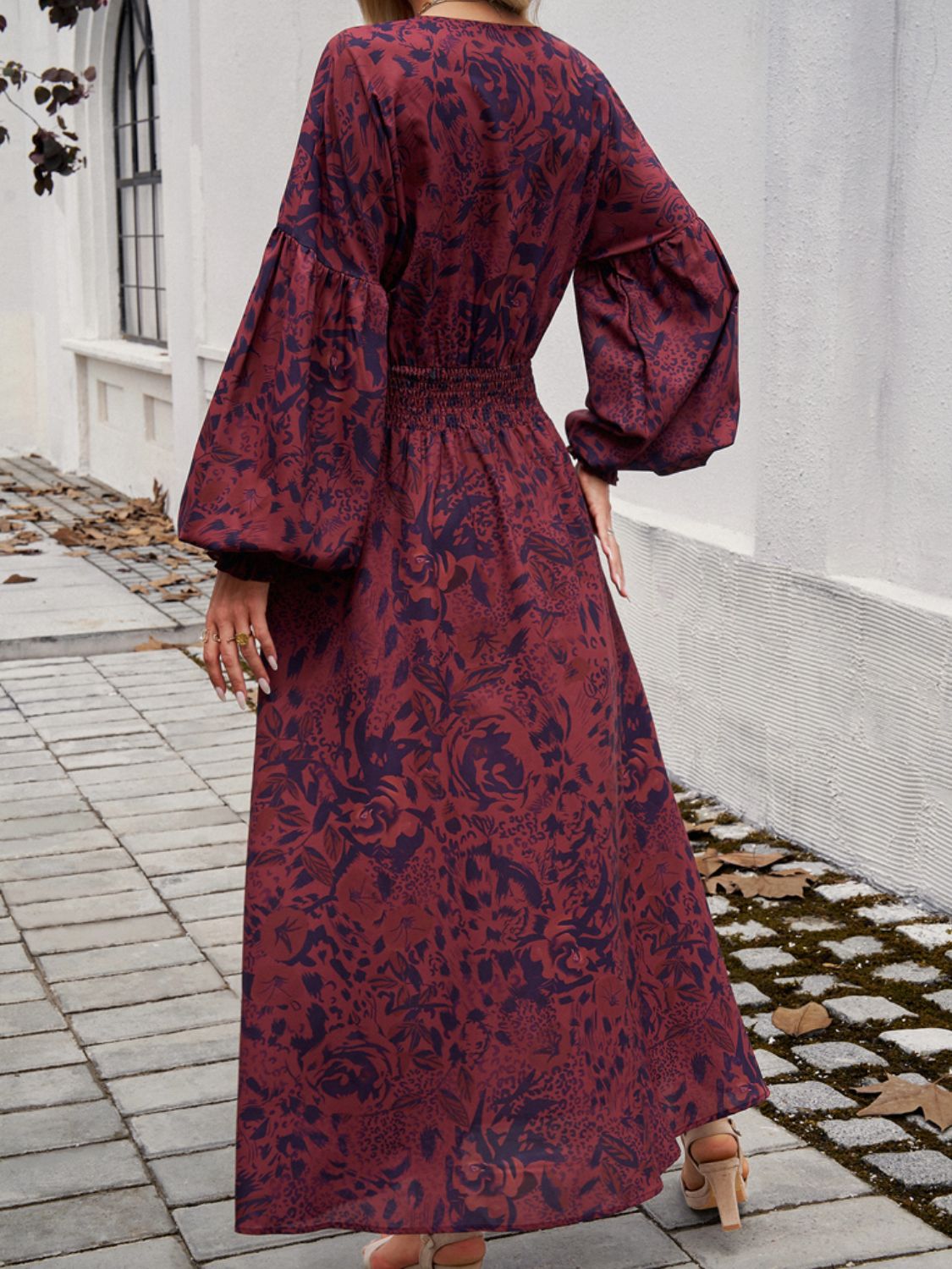 Devine Split Printed Surplice Long Sleeve Midi Dress featuring a chic design with a split detail and elegant surplice neckline.