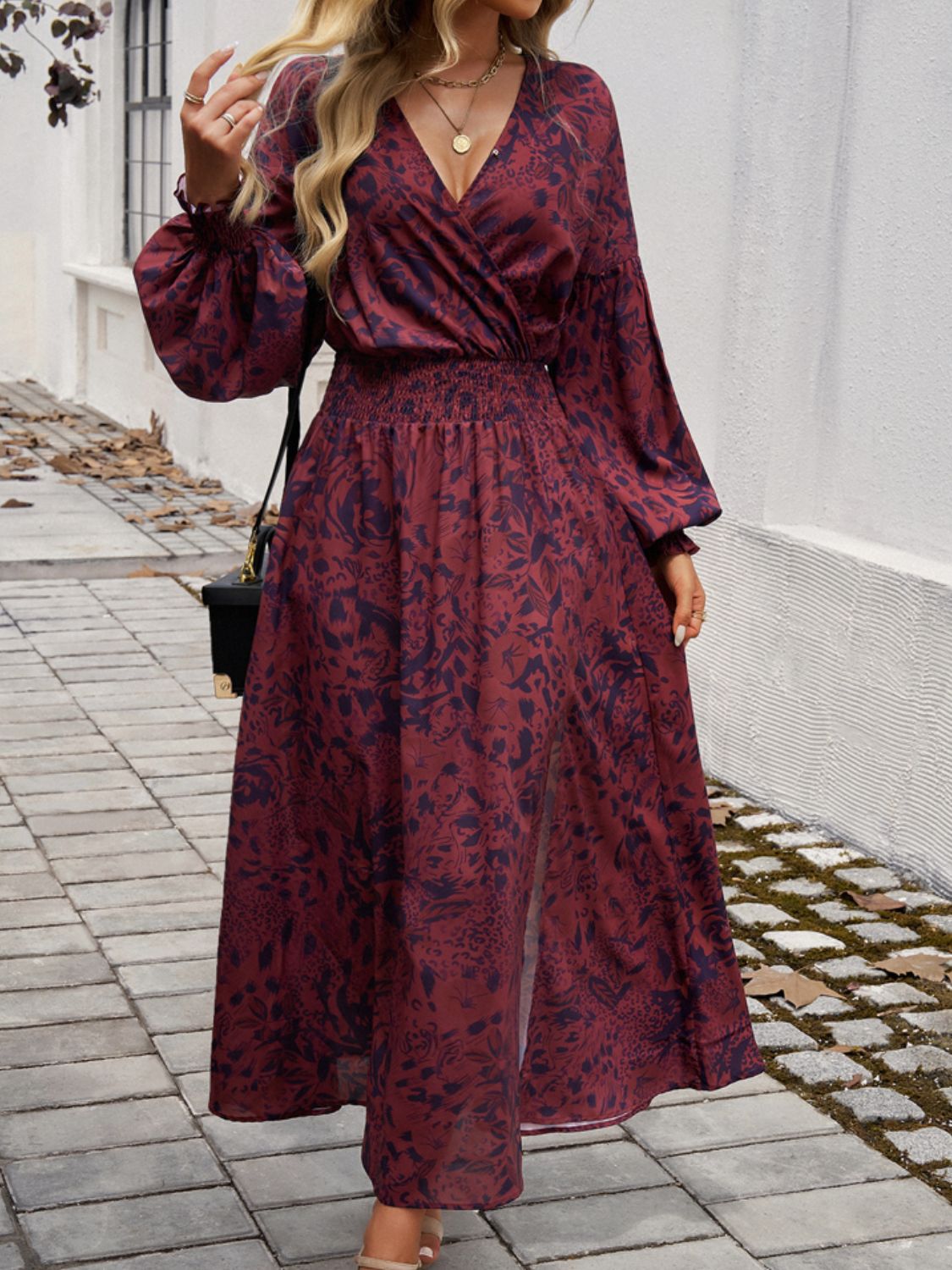 Devine Split Printed Surplice Long Sleeve Midi Dress featuring a chic design with a split detail and elegant surplice neckline.