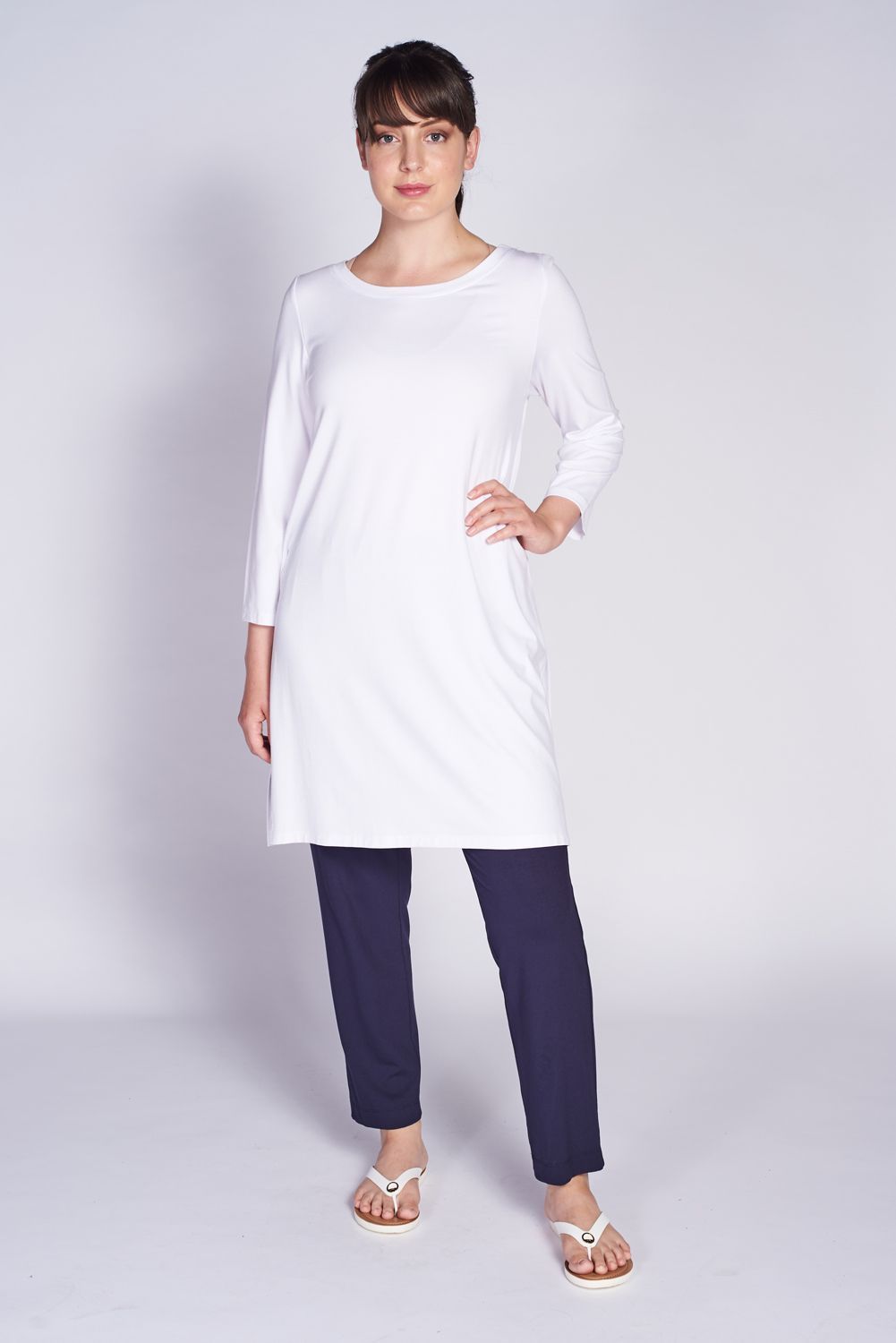 Dharma High Slit Tunic in bamboo fabric, featuring dramatic side slits and a sleek design, perfect for casual or dressy occasions.