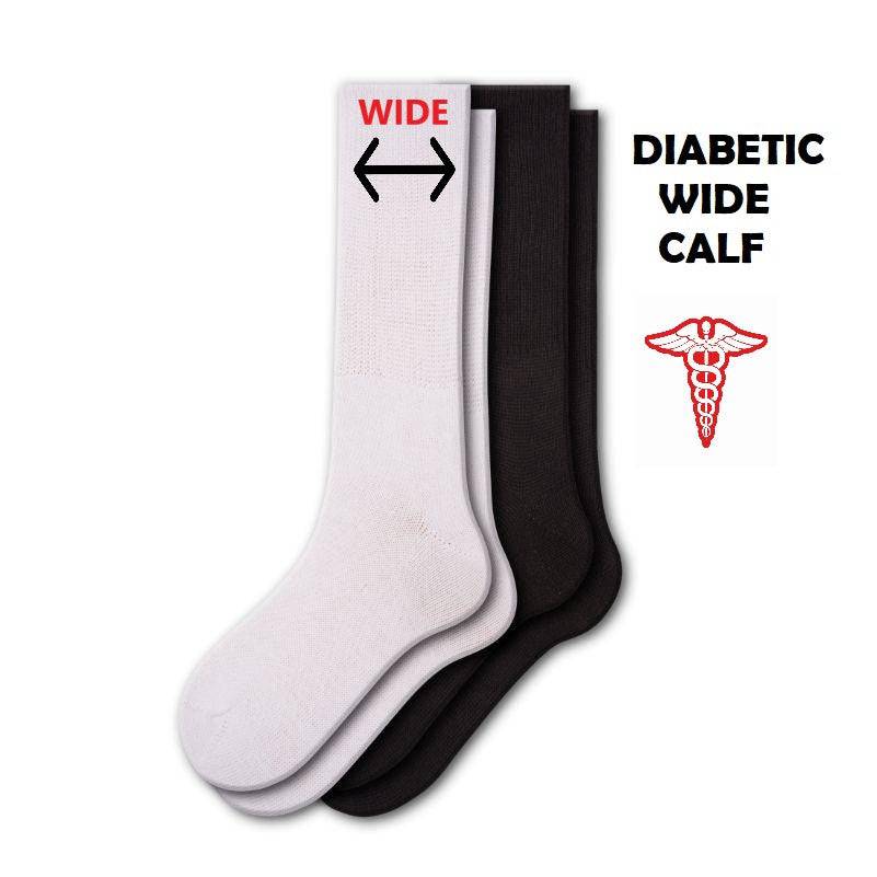 A pair of Diabetic Wide-Calf Combed Cotton Men's Socks in black and white, showcasing their soft texture and wide cuff design.