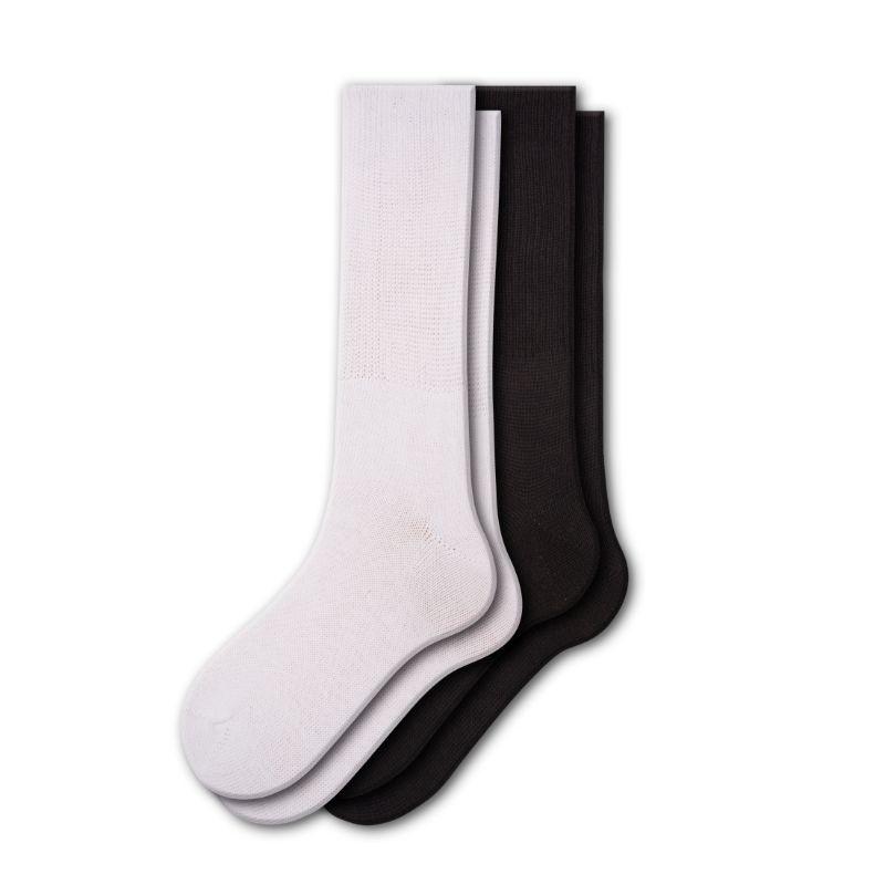 A pair of Diabetic Wide-Calf Combed Cotton Men's Socks in black and white, showcasing their soft texture and wide cuff design.