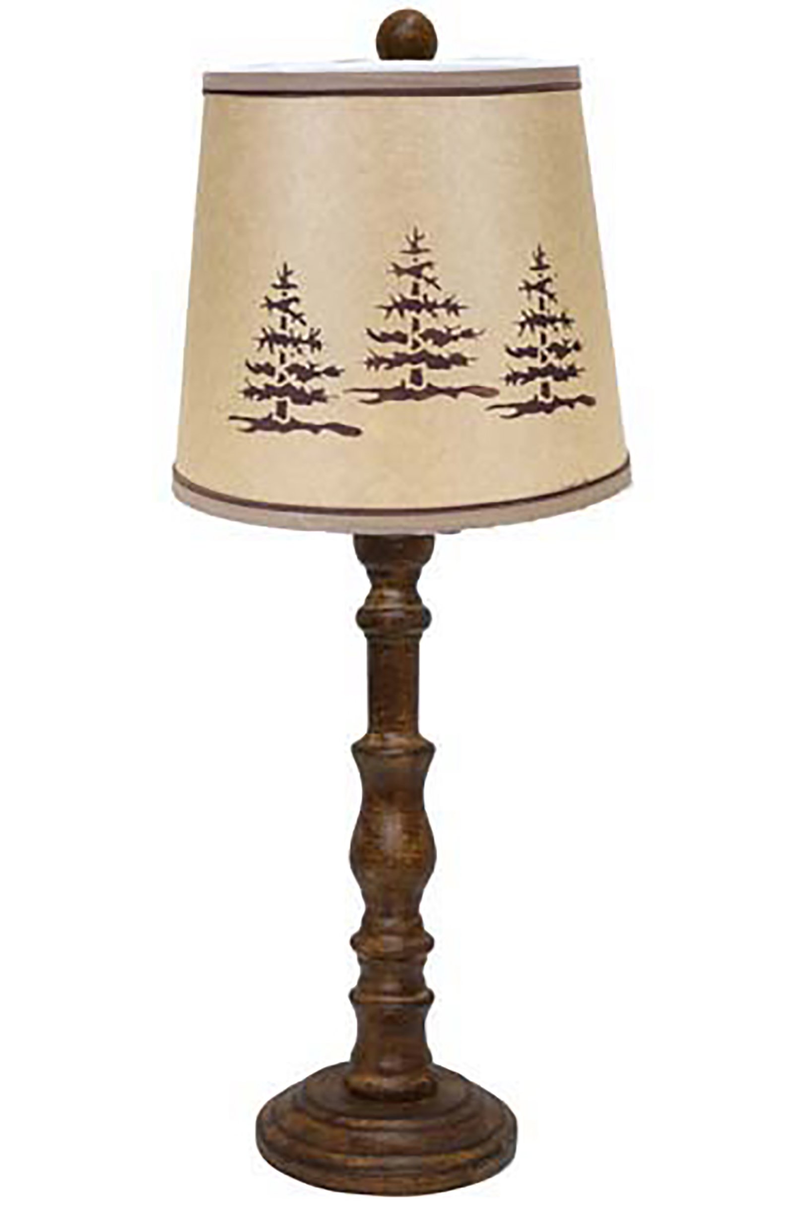 Distressed brown traditional table lamp with a pine tree printed shade, showcasing rustic elegance and warm lighting.