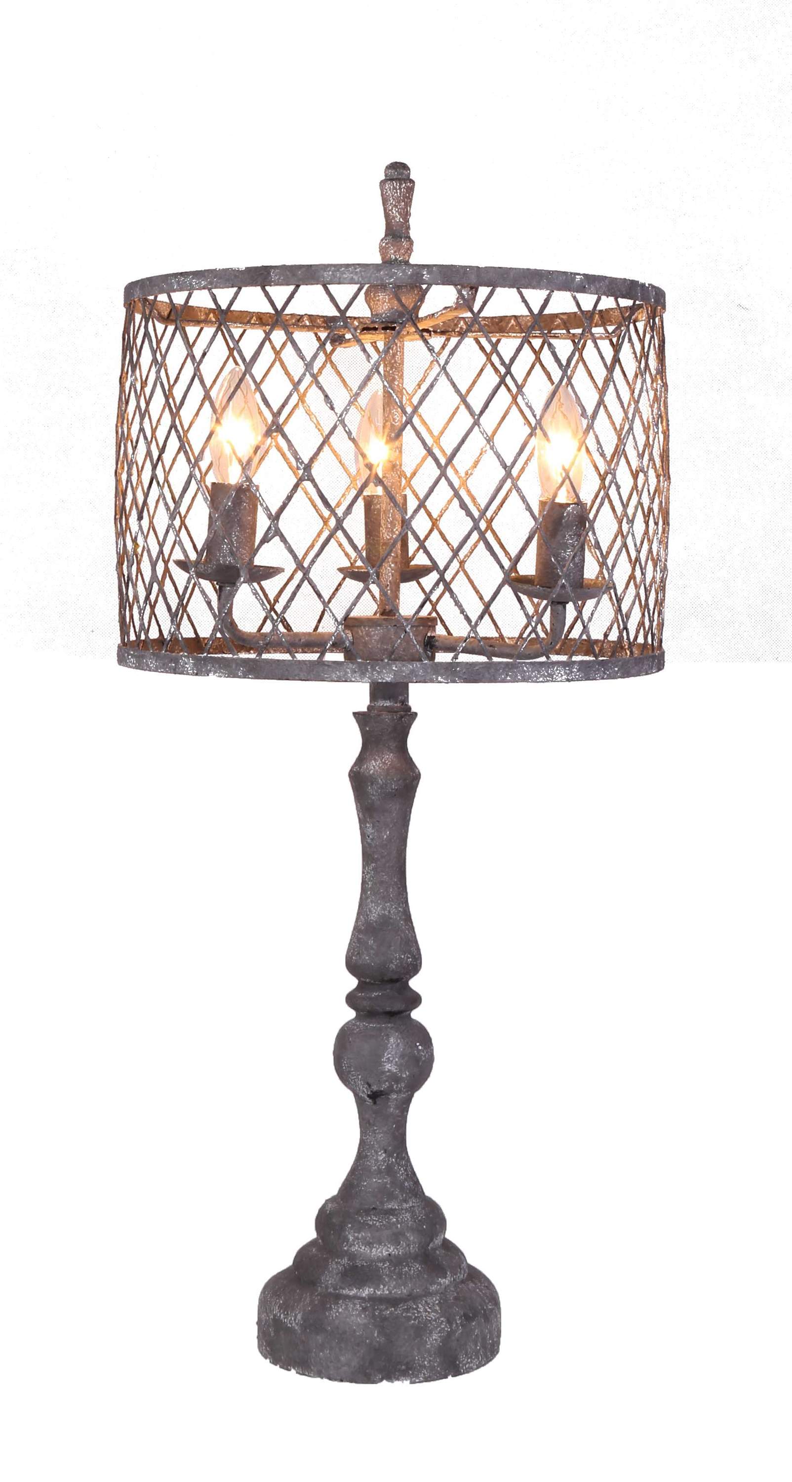 Distressed Grey Traditional Table Lamp with a stylish mesh metal shade, showcasing its elegant design and calming color.