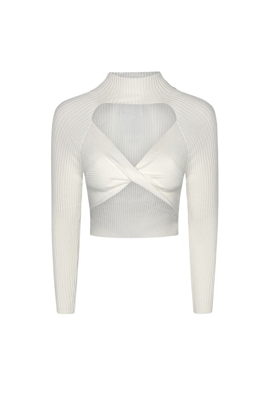 Ivory ribbed crop top with open chest and front twist design, featuring long sleeves and a turtleneck.