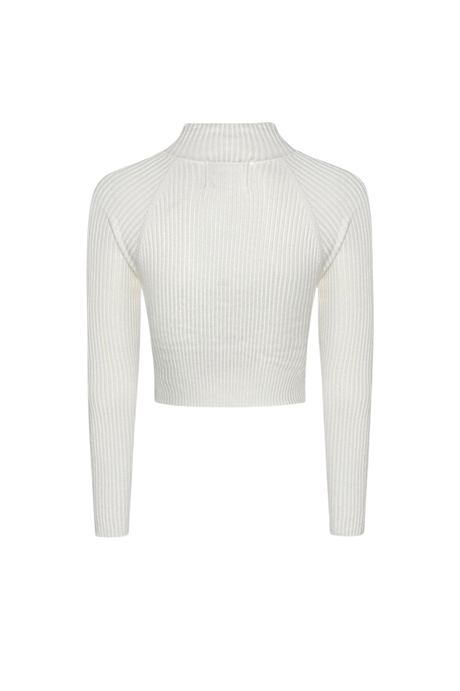Ivory ribbed crop top with open chest and front twist design, featuring long sleeves and a turtleneck.