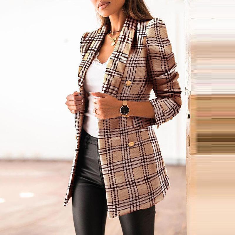 A stylish double-breasted small coat for women featuring a printed pattern and suit collar, made from durable polyester fiber.
