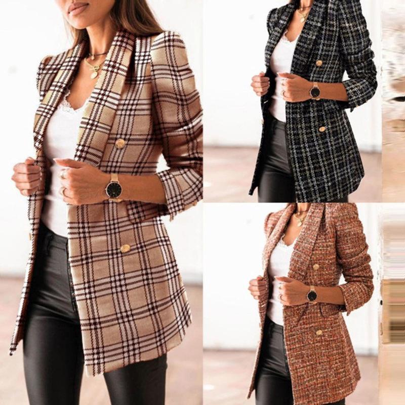 A stylish double-breasted small coat for women featuring a printed pattern and suit collar, made from durable polyester fiber.