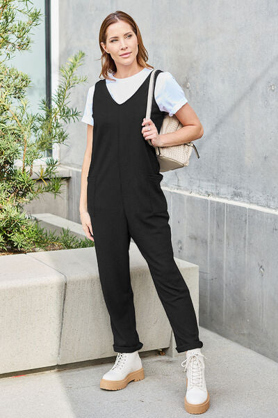Double Take Full Size Sleeveless Straight Jumpsuit in black, featuring a straight cut, pockets, and a comfortable fit, perfect for various occasions.