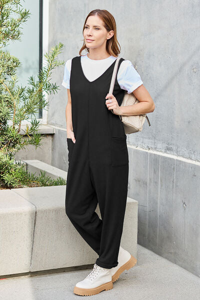 Double Take Full Size Sleeveless Straight Jumpsuit in black, featuring a straight cut, pockets, and a comfortable fit, perfect for various occasions.