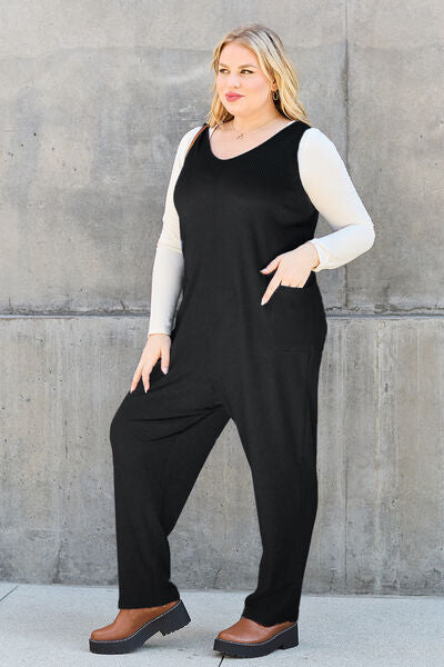 Double Take Full Size Sleeveless Straight Jumpsuit in black, featuring a straight cut, pockets, and a comfortable fit, perfect for various occasions.