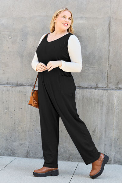 Double Take Full Size Sleeveless Straight Jumpsuit in black, featuring a straight cut, pockets, and a comfortable fit, perfect for various occasions.