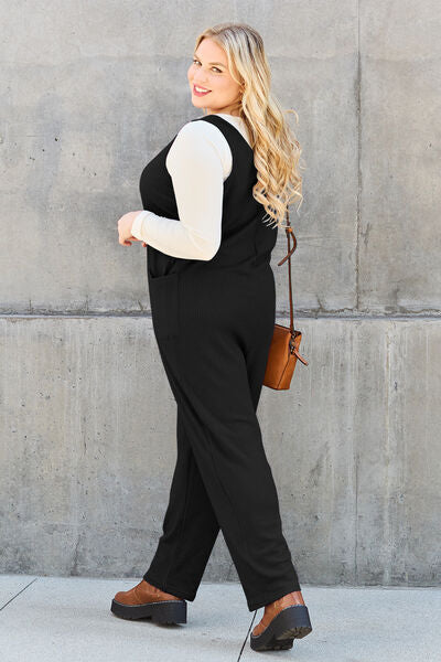 Double Take Full Size Sleeveless Straight Jumpsuit in black, featuring a straight cut, pockets, and a comfortable fit, perfect for various occasions.