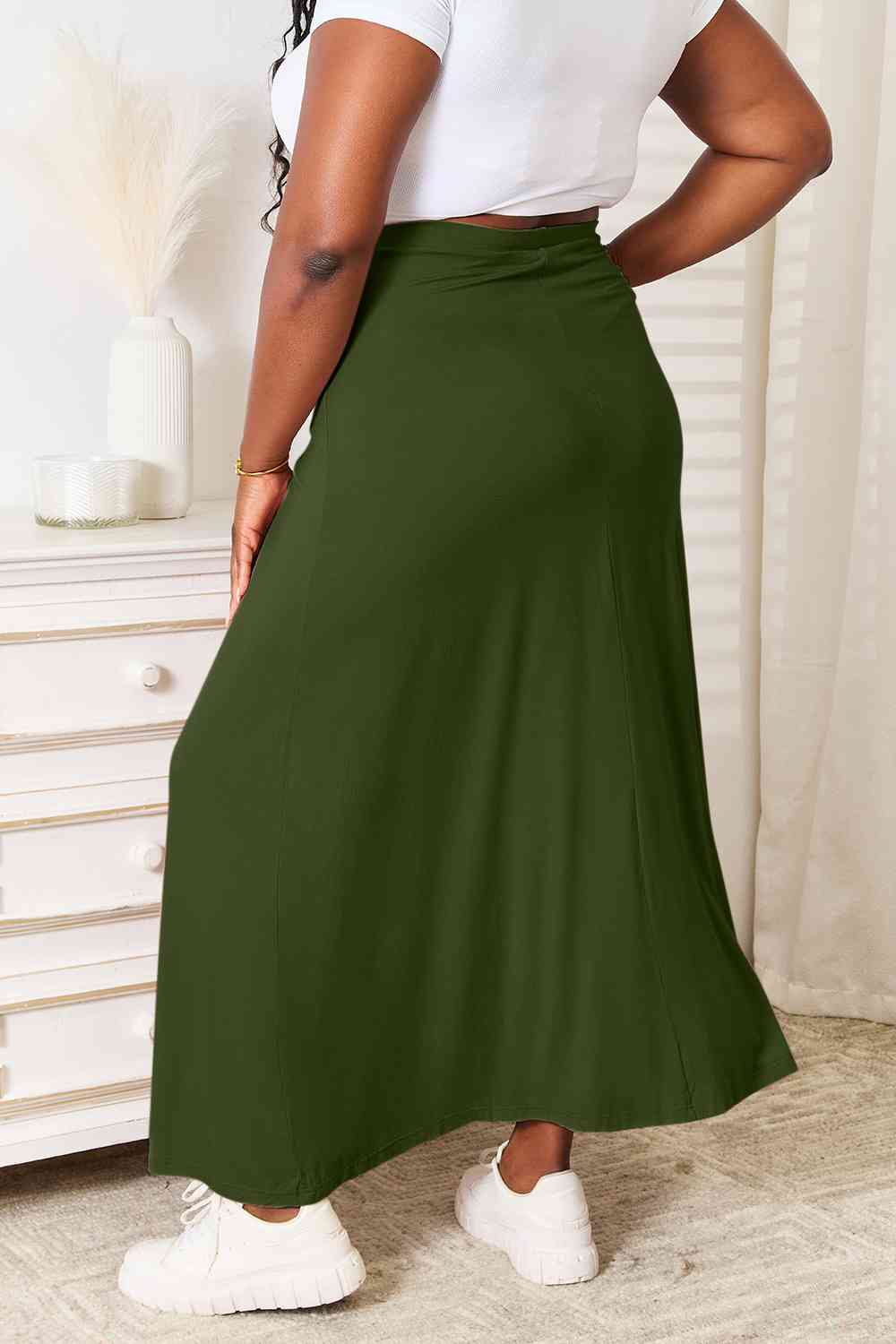 A stylish Double Take Full Size Soft Rayon Drawstring Waist Maxi Skirt in a flowing design, showcasing its adjustable drawstring waist and soft fabric.