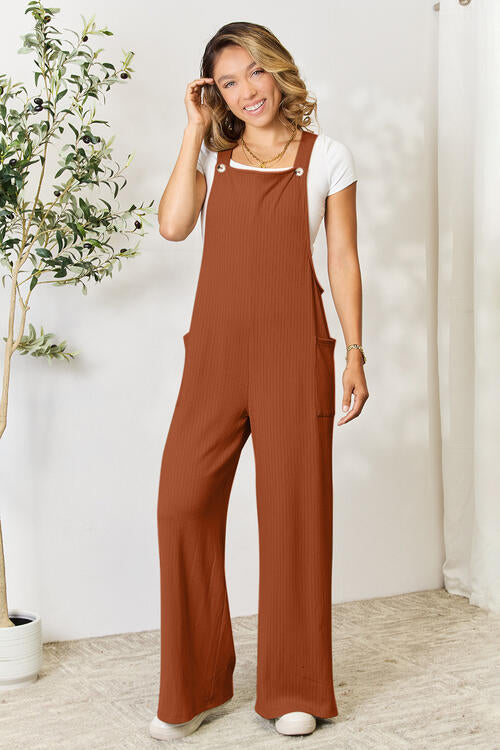 Double Take Full Size Wide Strap Overall with Pockets in a stylish design, showcasing its wide straps and multiple pockets.