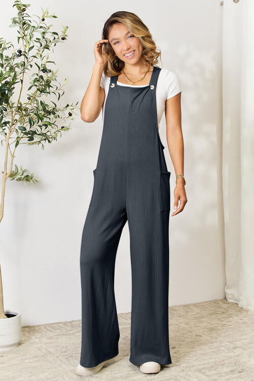 Double Take Full Size Wide Strap Overall with Pockets in a stylish design, showcasing its wide straps and multiple pockets.