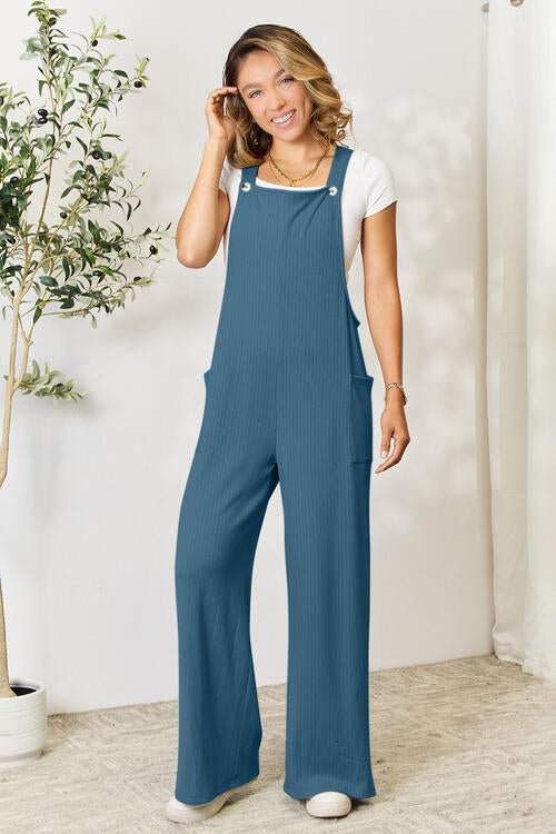 Double Take Full Size Wide Strap Overall with Pockets in a stylish design, showcasing its wide straps and multiple pockets.