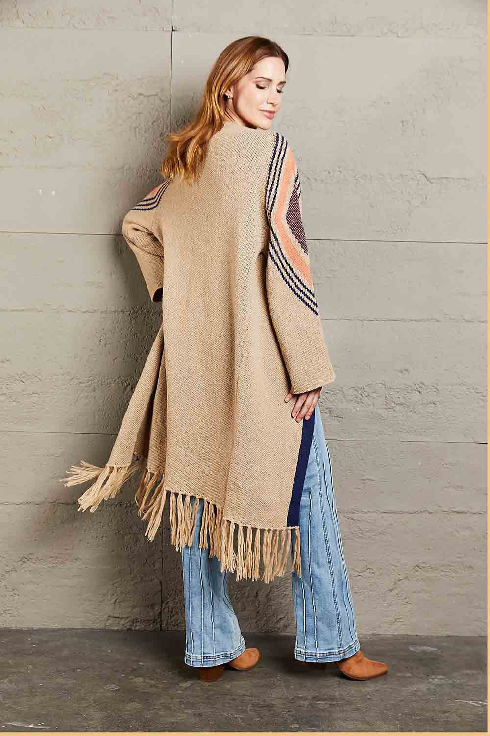 Double Take Geometric Fringe Hem Open Front Duster Cardigan featuring a geometric pattern and fringe detailing, perfect for casual wear.