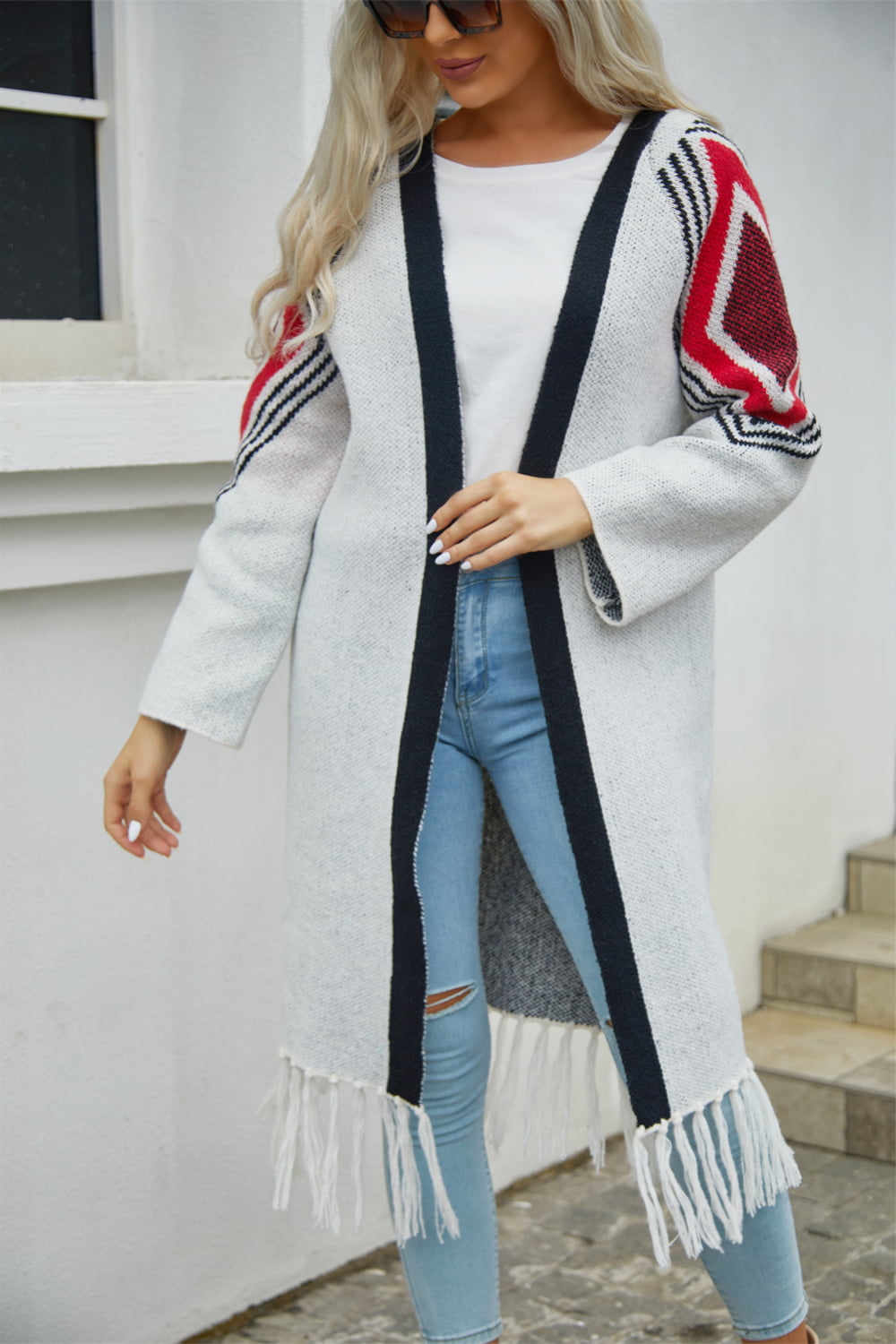 Double Take Geometric Fringe Hem Open Front Duster Cardigan featuring a geometric pattern and fringe detailing, perfect for casual wear.