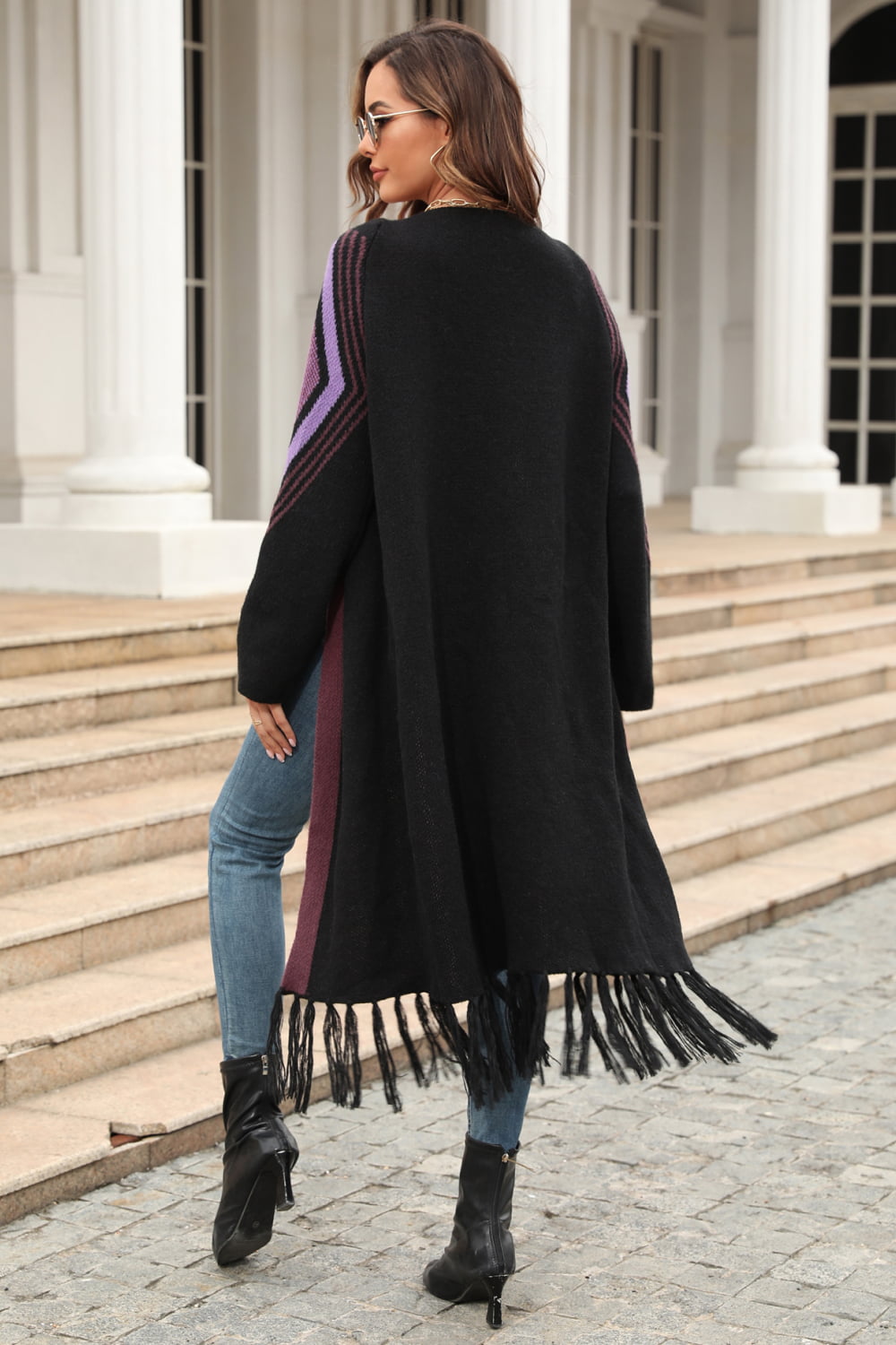 Double Take Geometric Fringe Hem Open Front Duster Cardigan featuring a geometric pattern and fringe detailing, perfect for casual wear.