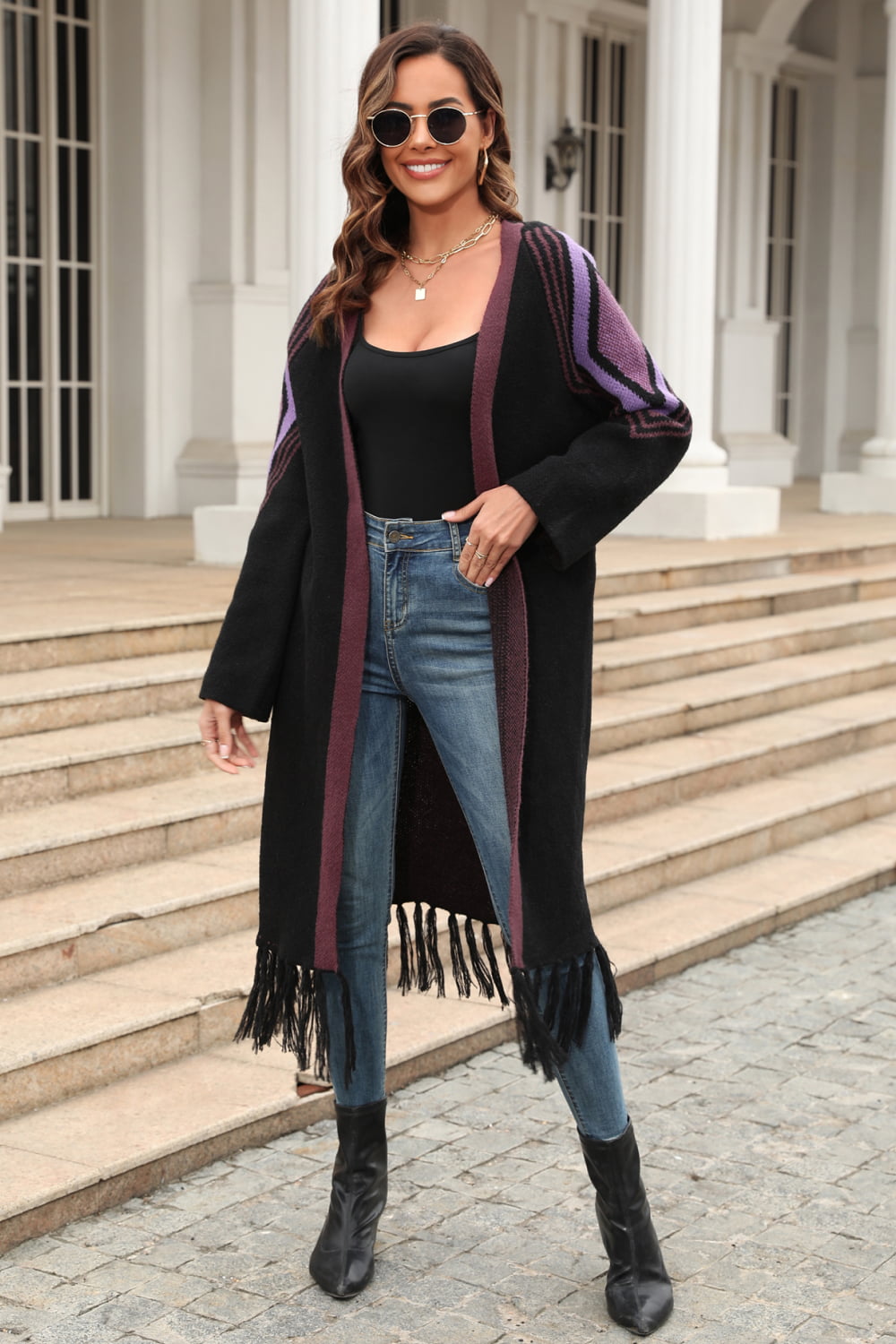 Double Take Geometric Fringe Hem Open Front Duster Cardigan featuring a geometric pattern and fringe detailing, perfect for casual wear.