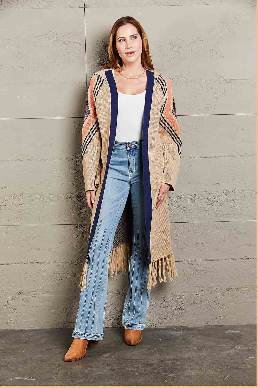 Double Take Geometric Fringe Hem Open Front Duster Cardigan featuring a geometric pattern and fringe detailing, perfect for casual wear.