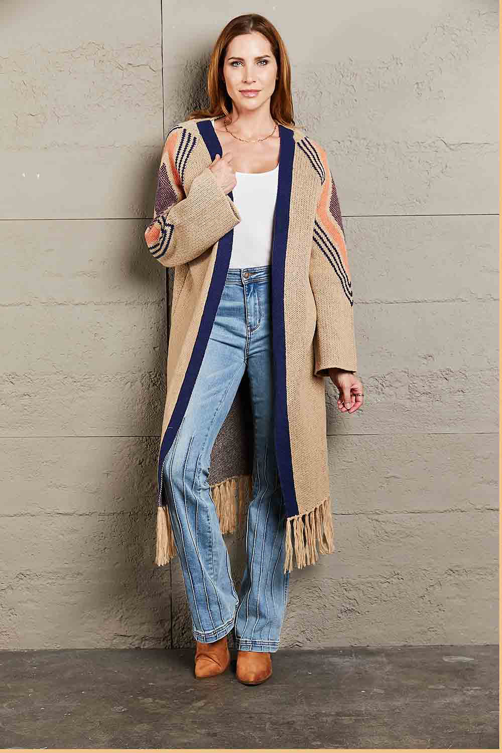 Double Take Geometric Fringe Hem Open Front Duster Cardigan featuring a geometric pattern and fringe detailing, perfect for casual wear.