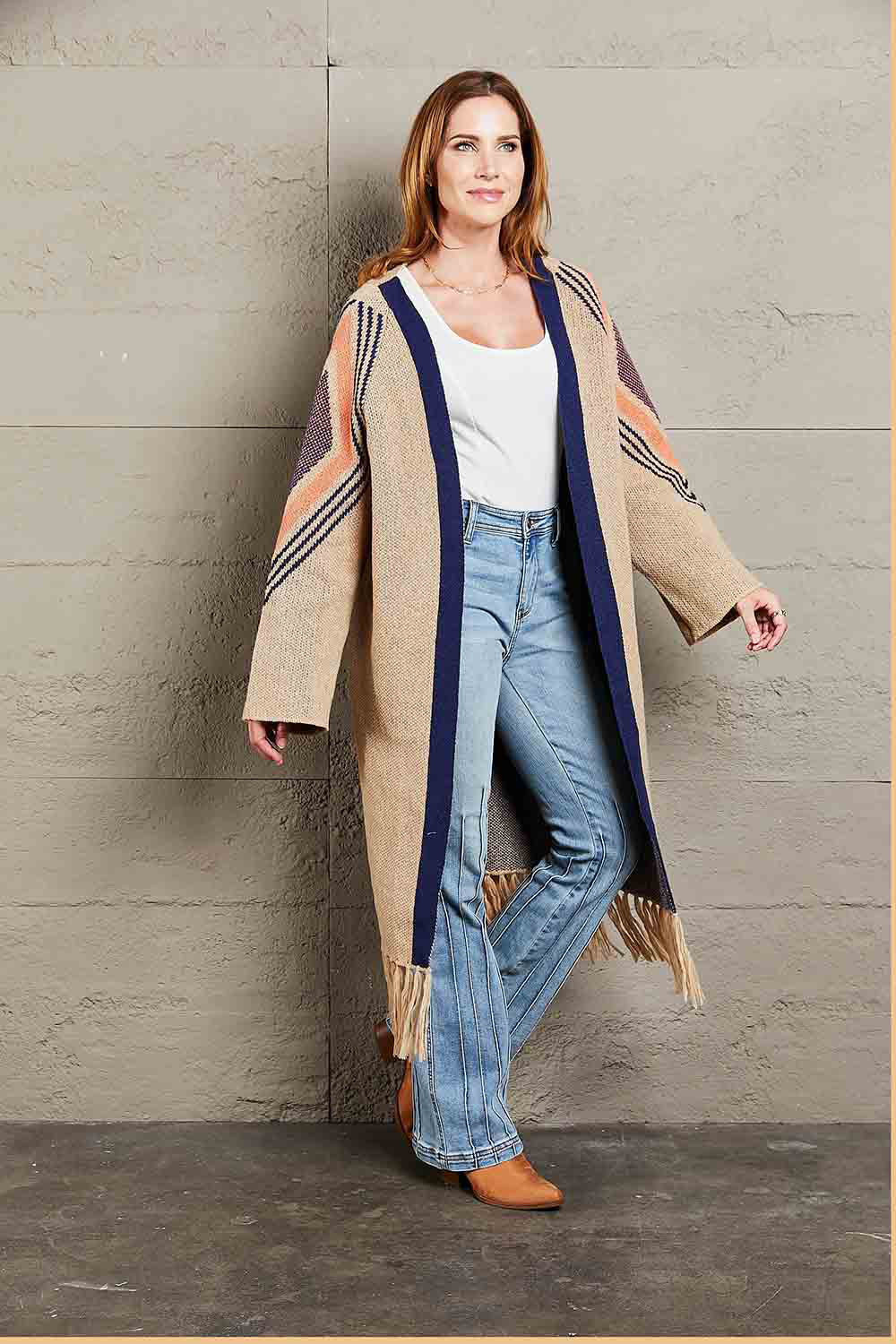 Double Take Geometric Fringe Hem Open Front Duster Cardigan featuring a geometric pattern and fringe detailing, perfect for casual wear.